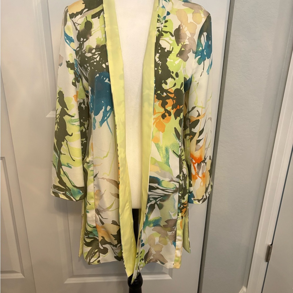 Floral Open Front silky blazer by Chicos.